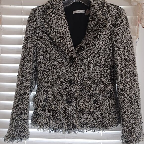 Peter Nygard Petite 2 Tweed Fringe Boucle Blazer Jacket Black White Lined Button - Picture 6 of 8
